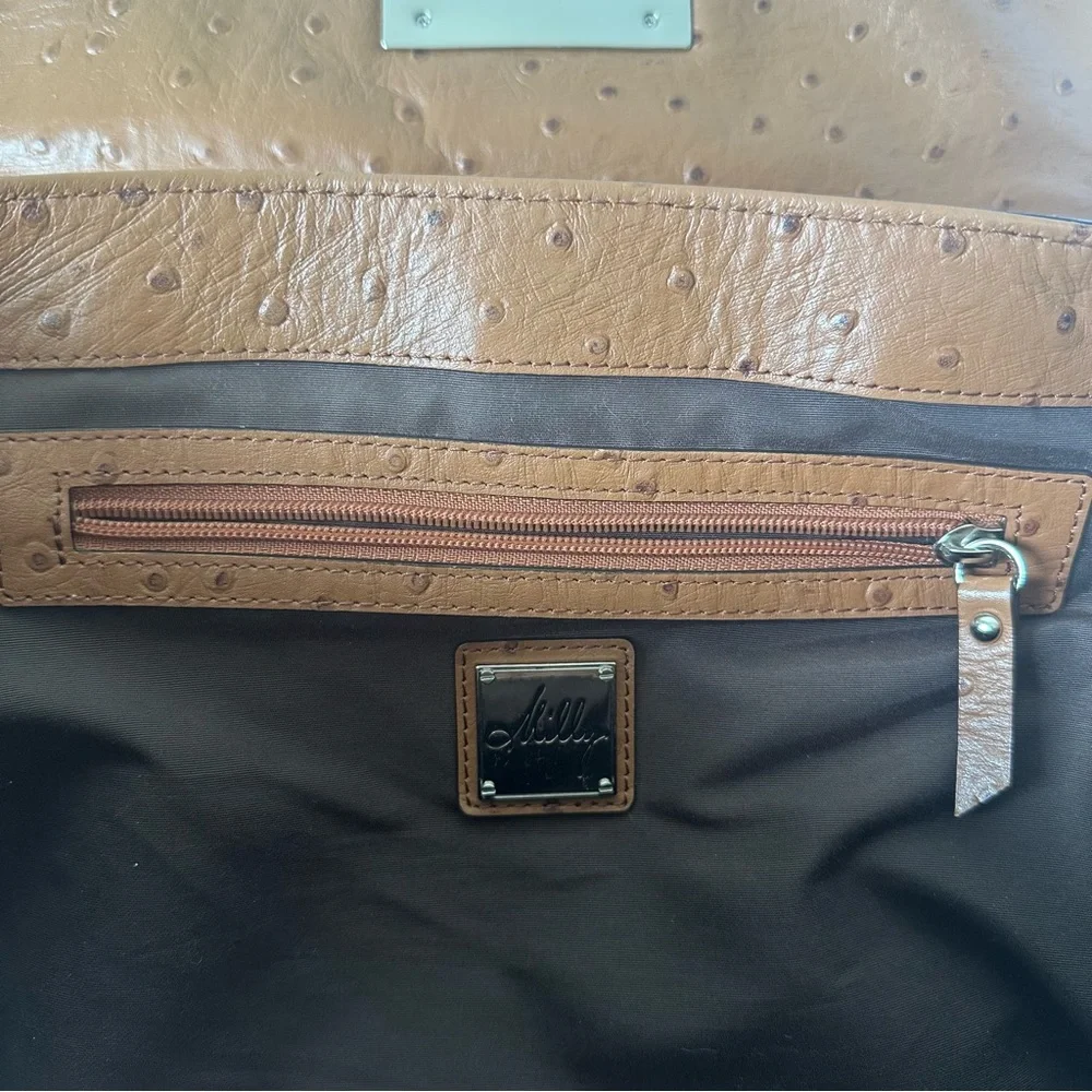 Milly tan Mina ostrich leather convertible satchel‎ bag